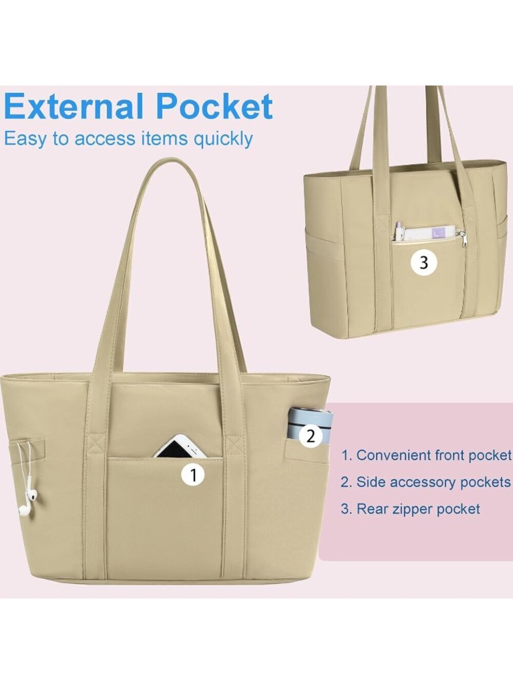 Women Brown Lightweight Nylon Tote Zipper Laptop Work Nurse Bag - Picture 6 of 6